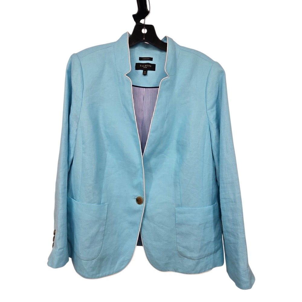 Talbots Aberdeen 100%‎ Linen Blazer Jacket Women's Size 14P Stand Collar Lined